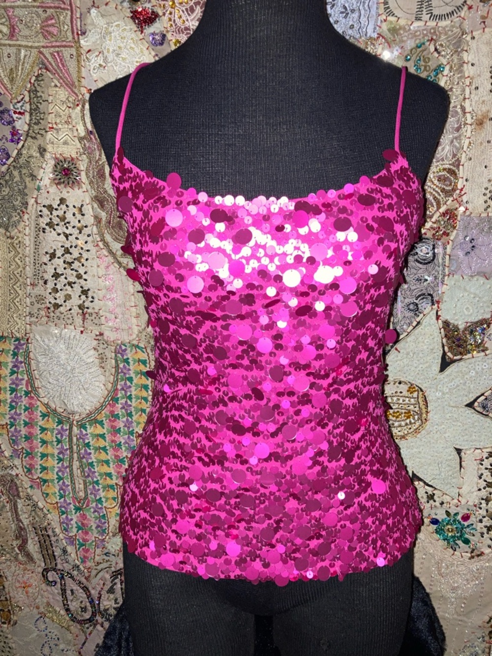 Fuchsia Sequin Spaghetti-Strap Cami Top